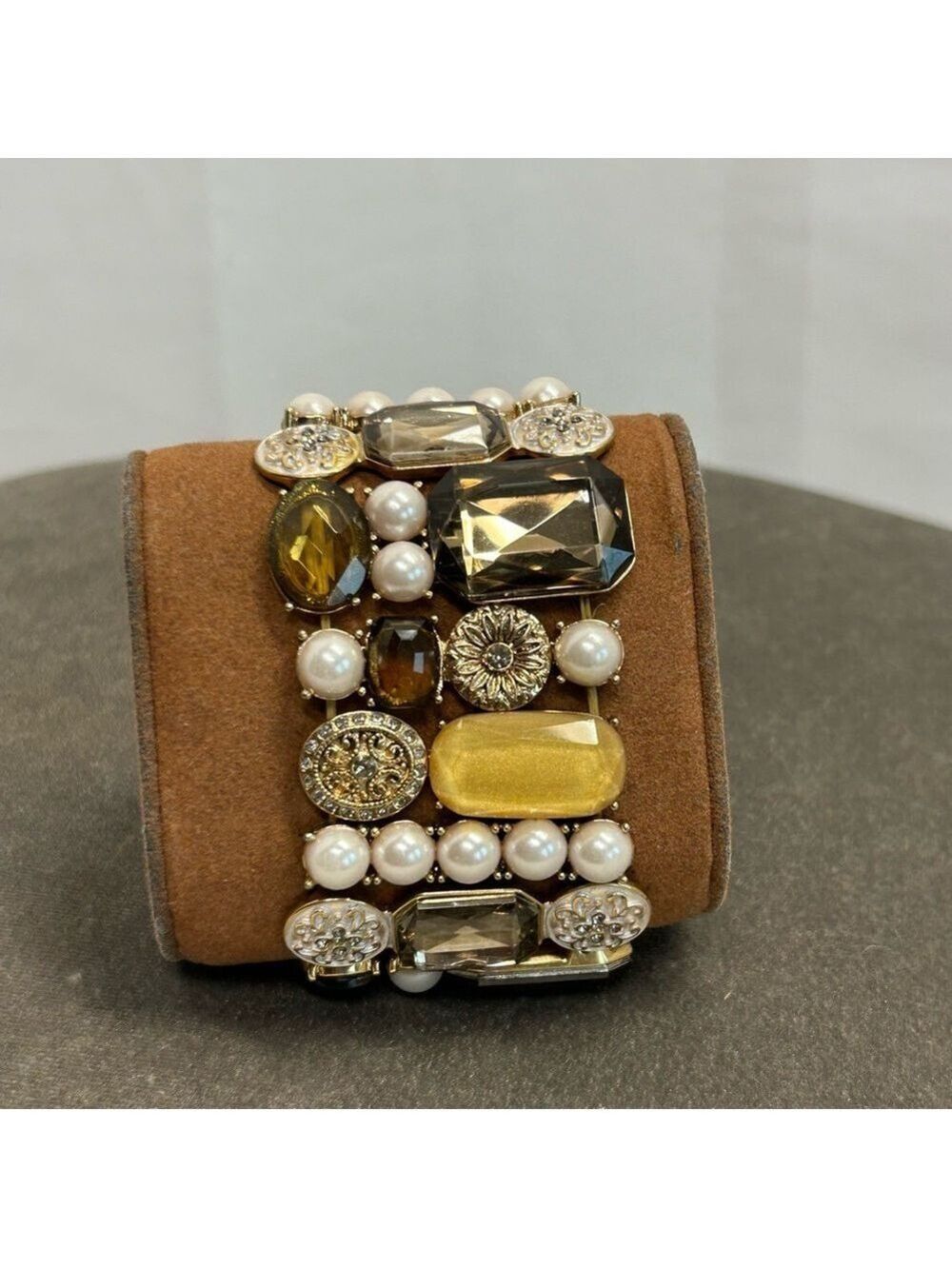 Stretchy cuff bracelet with large multi-colored stones and faux pearls